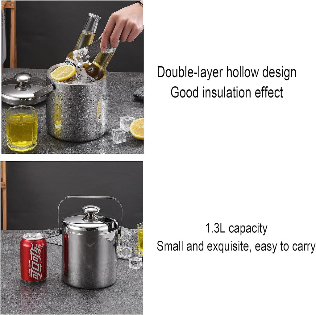 Ice and Wine Bucket,Ice Bucket,Hidden Double Wall Bar Ice Bucket Set 1.3L Stainless Steel Ice Bucket Including Lid,Tongs and Strainer,Drinks Cooler Buckets Great for Home Bar,Party,Chilling Beer,Cha