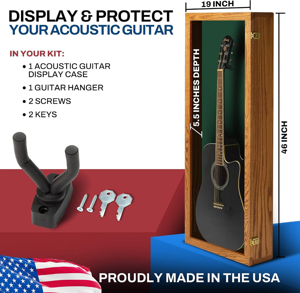 PENNZONI Acoustic Guitar Display Case - Acrylic Acoustic Guitar Case - Guitar Display Case Wall Mount, Guitar Wall Case Made from Hardwood Frame & Clear Acrylic | Natrual Oak
