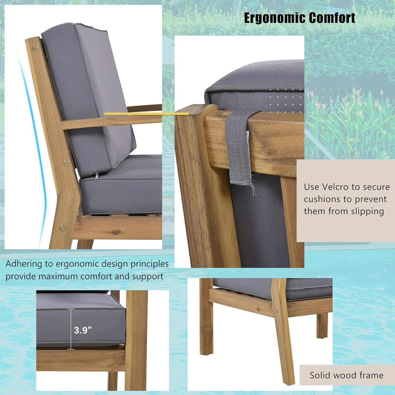 6-Piece Outdoor Patio Conversation Furniture Set, Acacia Wood Sectional Sofa Set with Coffee Table and Removable Cushion for Garden Backyard and Poolside (Grey-CC)