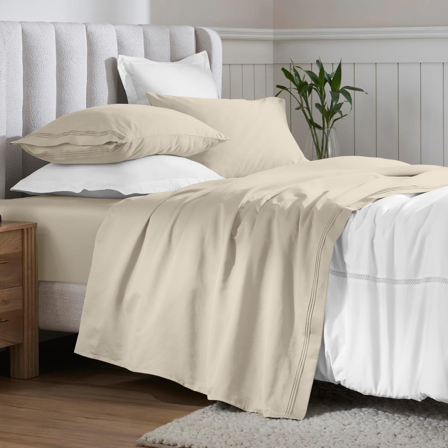 Superior Egyptian Cotton 4 Piece Sheet Set, 650 Thread Count, Modern Design, Sustainable Sheets, Ultra-Soft Basics, Solid, Deep Pocket Fitted Sheet, Flat Sheet, Pillowcases, California King, Ivory