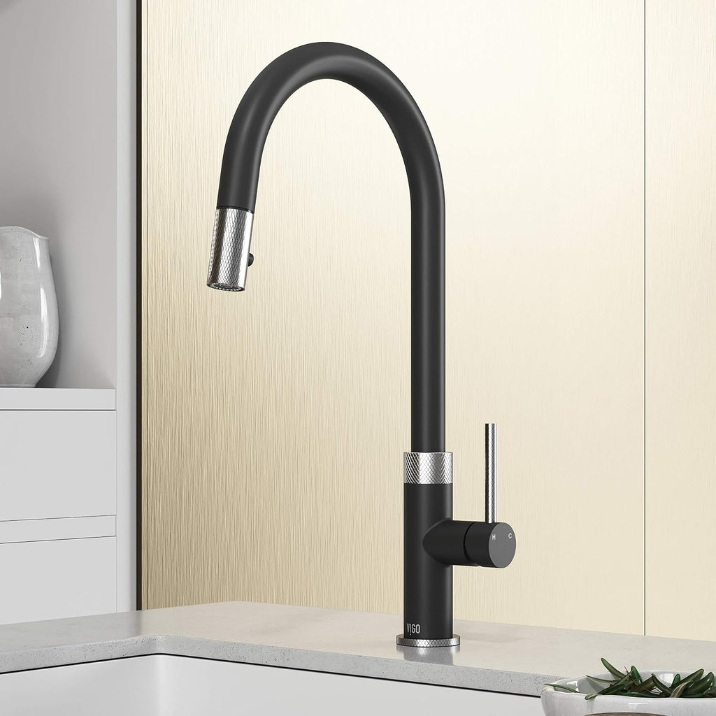 VIGO Bristol 19'' H Single Handle Pull-Down Sprayer Kitchen Faucet in Stainless Steel and Matte Black-VG02033STMB
