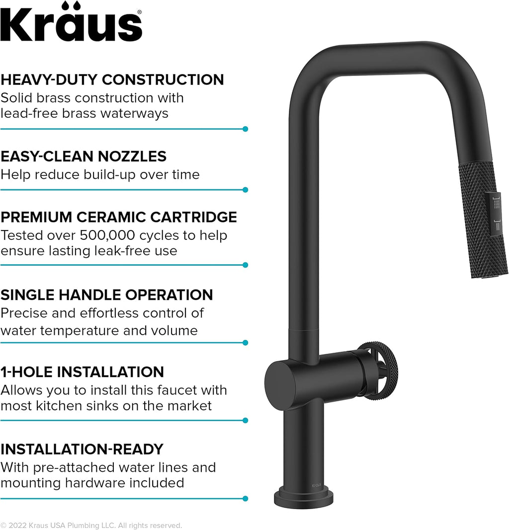 KRAUS Urbix Industrial Pull-Down Single Handle Kitchen Faucet in Matte Black, KPF-3126MB