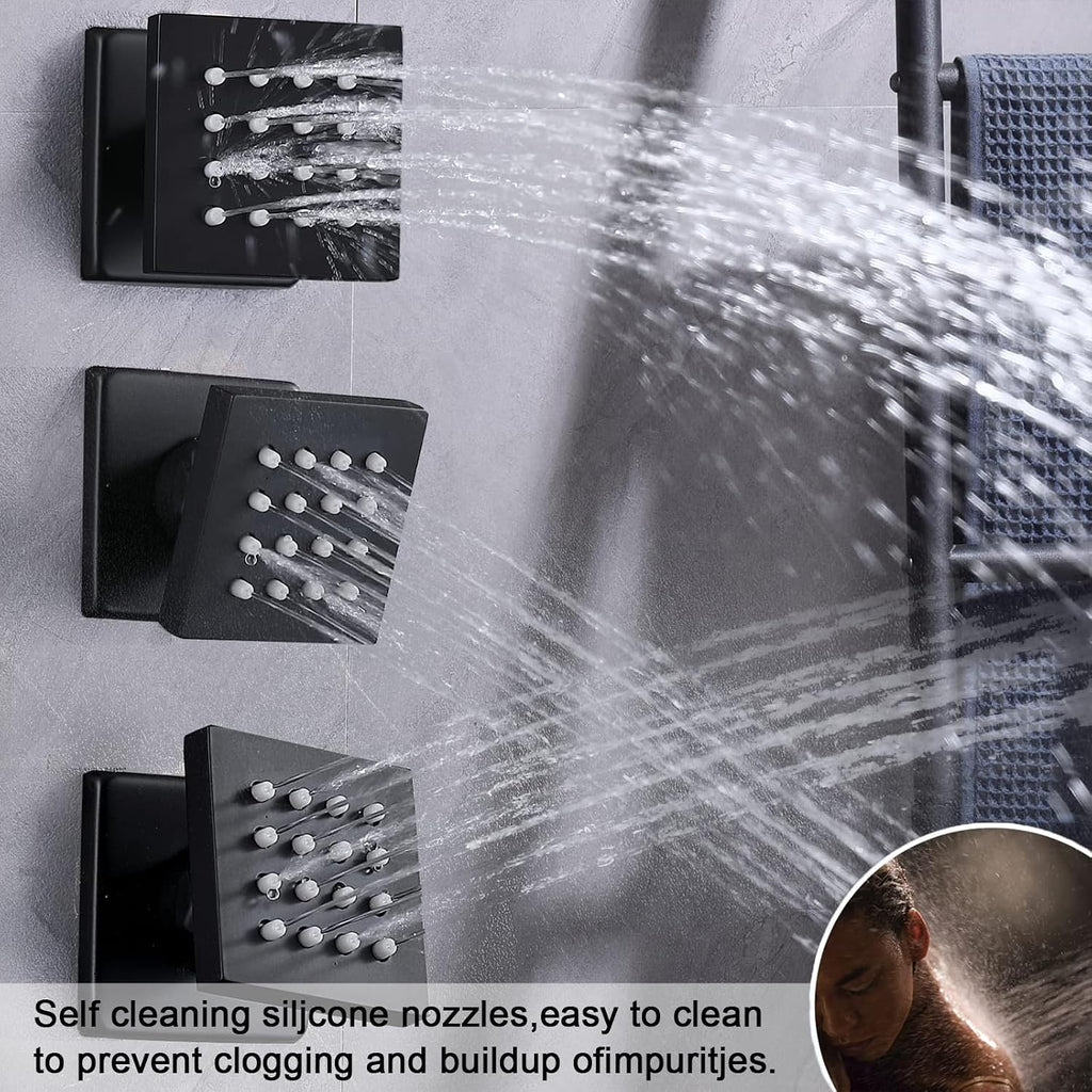 Matte Black Tempreature Display Shower System with 6 PCS Body Jet, 8 inch Wall Mount Shower Head and Handheld Spray