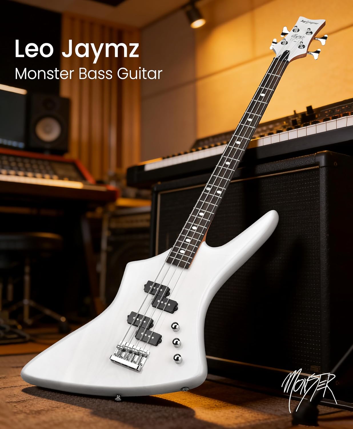 Leo Jaymz Monster 4-String Bass Guitar - Dual PB-Style Pickups, Solid Ash Body, Ebony Fingerboard, Transparent White Gloss