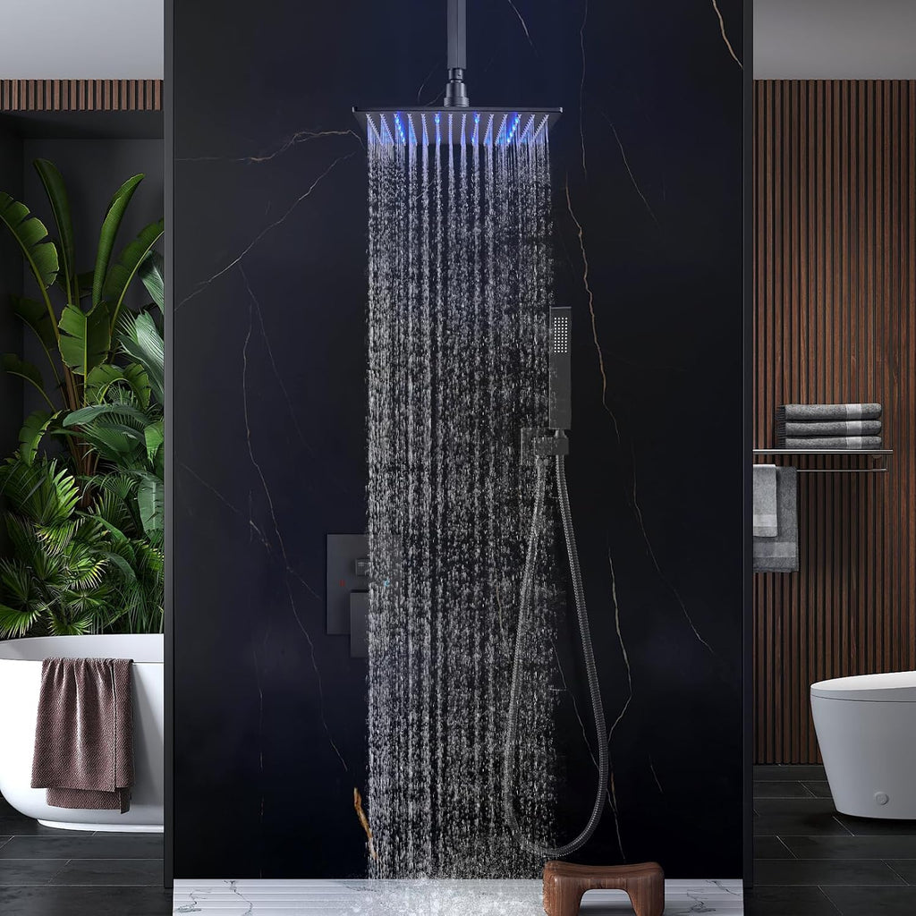 Aolemi Ceiling Mount Shower Faucet Set with Handheld Spray High Pressure Shower Faucets Sets Complete Rough-in Valve and Shower Trim Kit System Included Rainfall Matte Black 10 Inch LED Shower Head