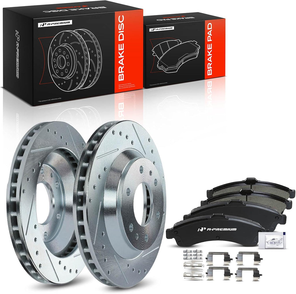 A-Premium 12.01 inch (305mm) Front Drilled and Slotted Disc Brake Rotors + Ceramic Pads Kit Compatible with Select Chevrolet, GMC, Buick, Isuzu and Oldsmobile Models - Trailblazer, Rainier, Envoy