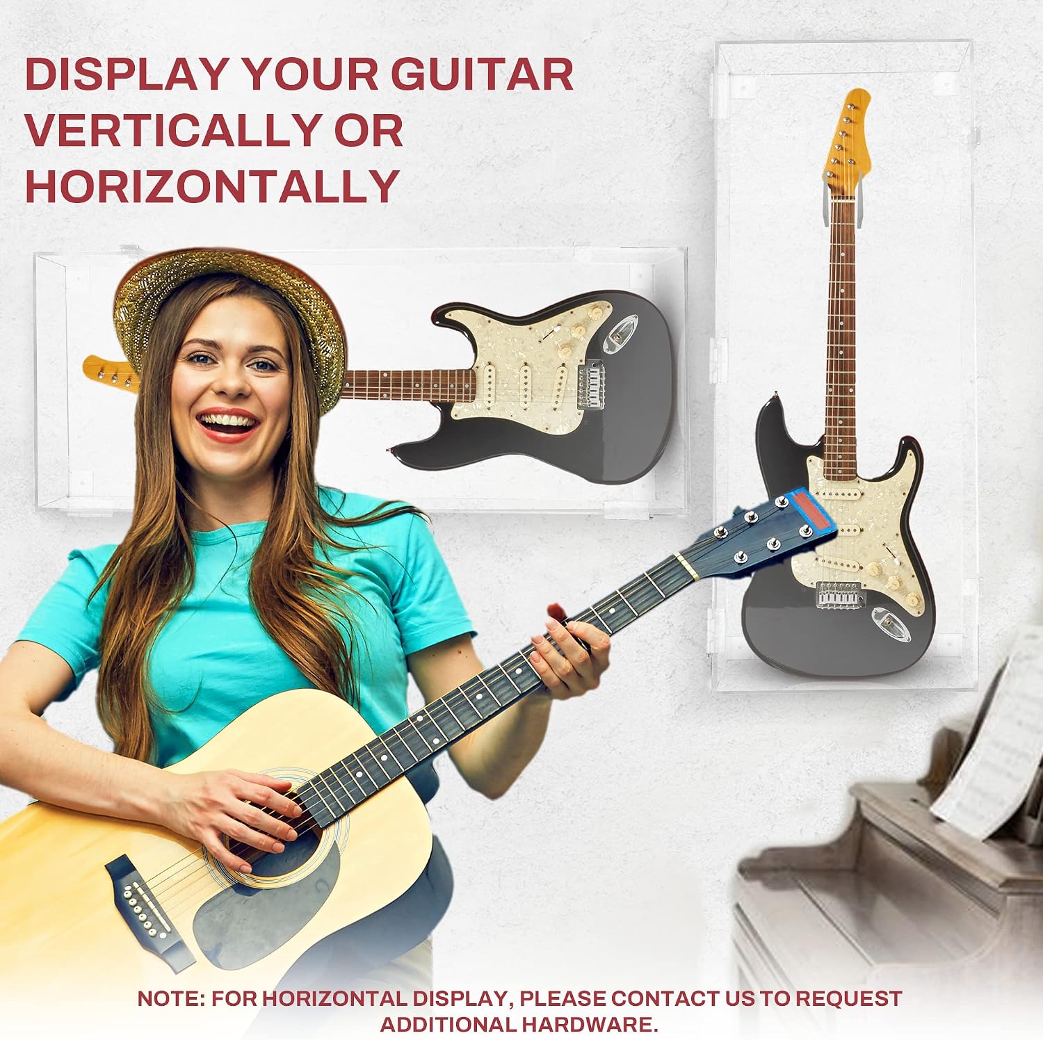 PENNZONI Electric Guitar Display Case - Fully Acrylic Electric Guitar Case with Clear Back - Horizontal Guitar Display Case Wall Mount, Guitar Wall Case Made from Clear Acrylic
