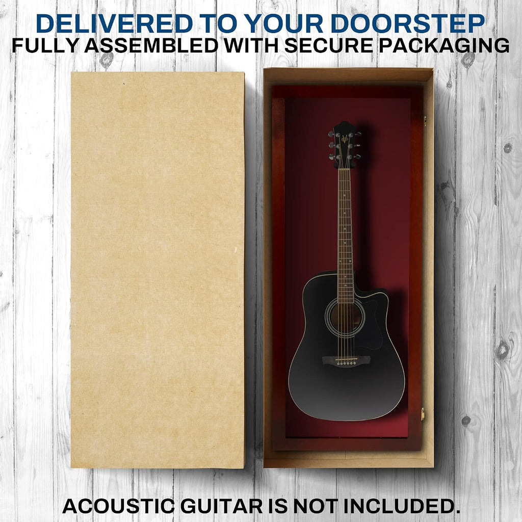 PENNZONI Acoustic Guitar Display Case - Acrylic Acoustic Guitar Case - Guitar Display Case Wall Mount Made from Hardwood Frame & Clear Acrylic - Cherry w/ Red Felt