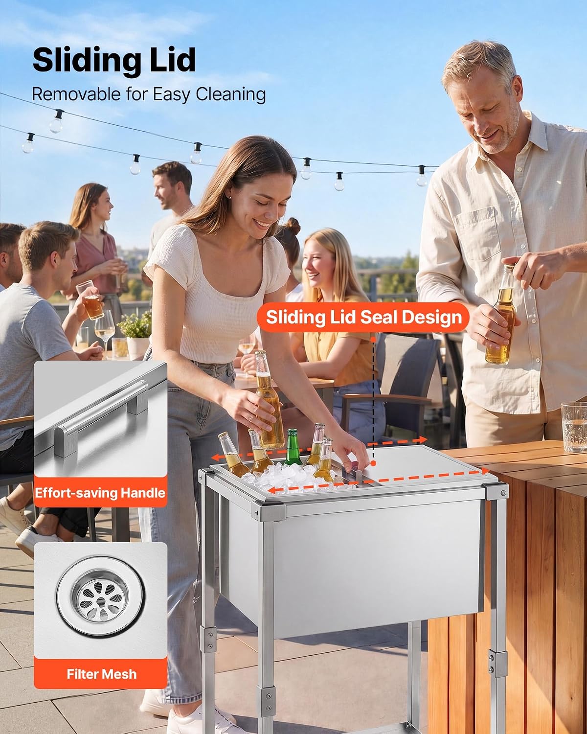 VEVOR Commercial Ice Bin, Underbar Ice Bin, Stainless Steel Ice Chest with Sliding Lid, Bottle Holders, Adjustable Bullet Feet, Cooler Cart Cocktail Unit for Bar Restaurant Pub