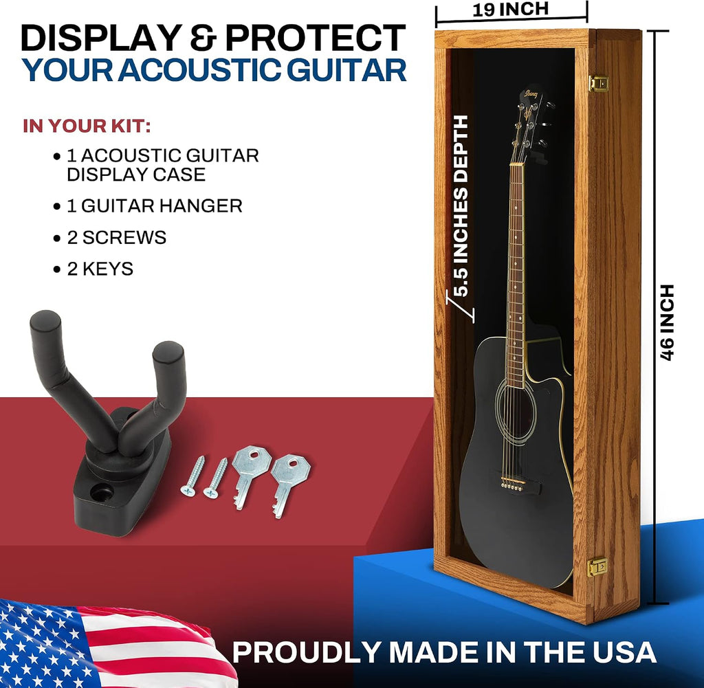 PENNZONI Acoustic Guitar Display Case - Acrylic Acoustic Guitar Case - Guitar Display Case Wall Mount, Guitar Wall Case Made from Hardwood Frame & Clear Acrylic | Natrual Oak