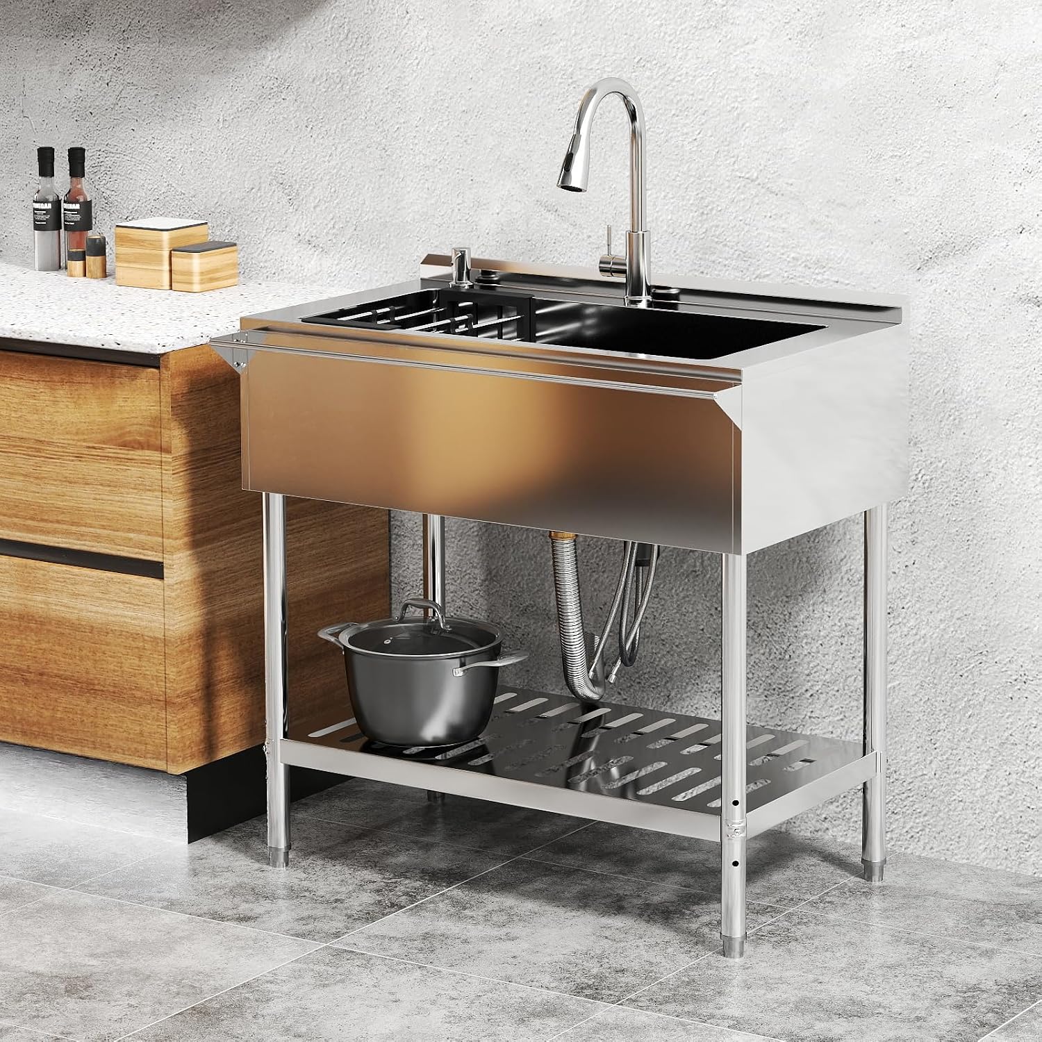Stainless Steel Utility Sink, 30.8'' Free Standing Single Bowl Sink with Pull-Out Faucet & Cold and Hot Water Pipe & basket, Indoor and Outdoor Sink for Laundry Room, Garage, Kitchen, Silver