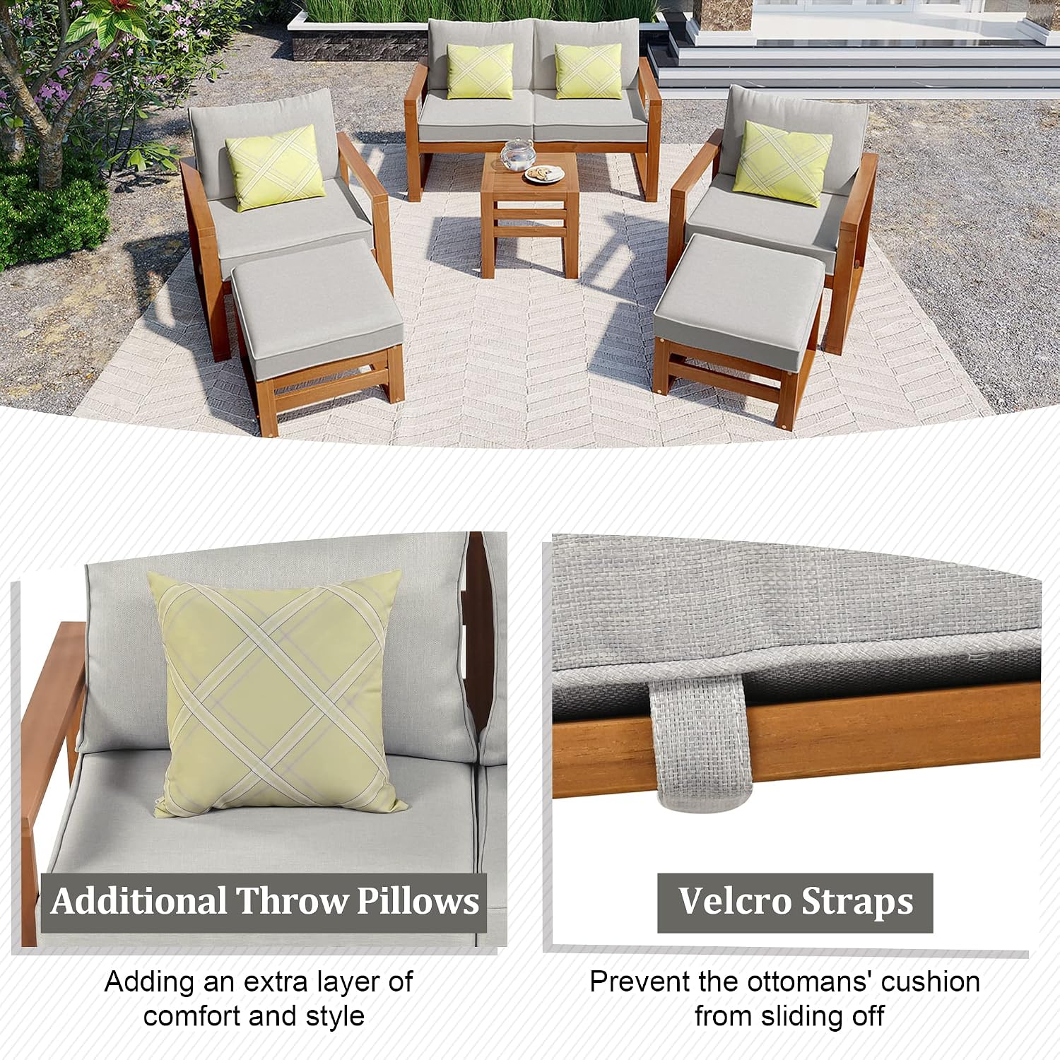 Outdoor Acacia Wood 6-Piece Conversation, Sectional Garden Seating Groups Chat Set, with Ottomans and Cushions, 4 Throw Pillows, for Balcony Backyard Porch (Grey-0H)
