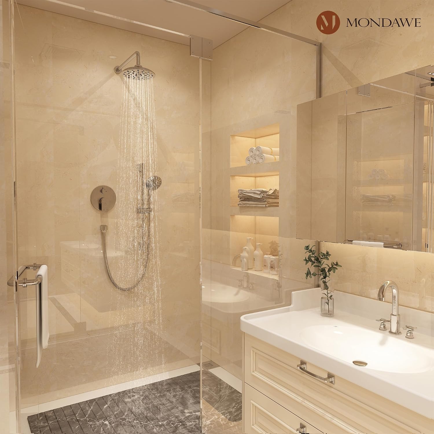 MONDAWE 8 Inch Wall Mounted Shower Faucet Set in Brushed Nickel, Rainfall Shower Head with 3-Setting Handheld Spray Shower Set Combo, High Pressure Shower System with Solid Brass Valve