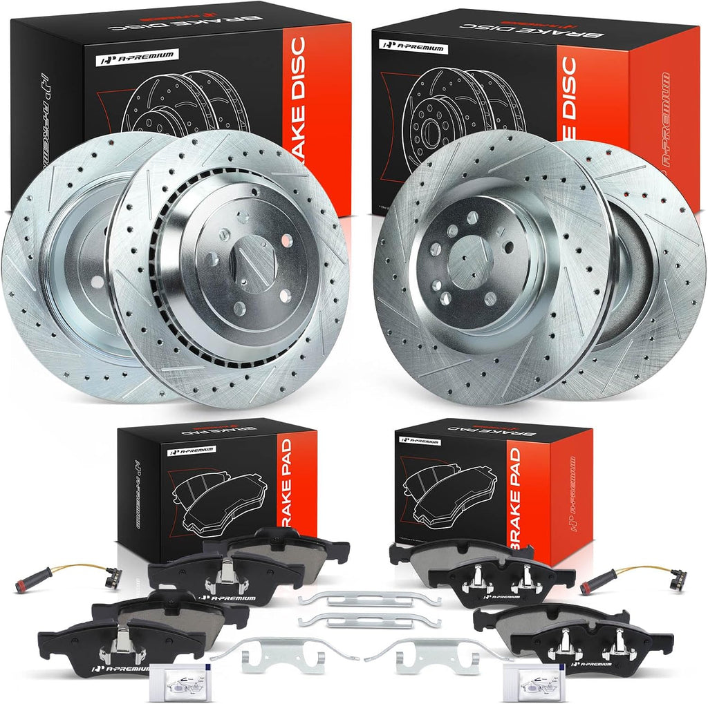 A-Premium Front and Rear Drilled and Slotted Disc Brake Rotors + Ceramic Pads Kit Compatible with Select Mercedes-Benz Models - GL320, GL350, GL450, GL550, R350, ML320, ML350, ML450, ML500, 12-PC Set