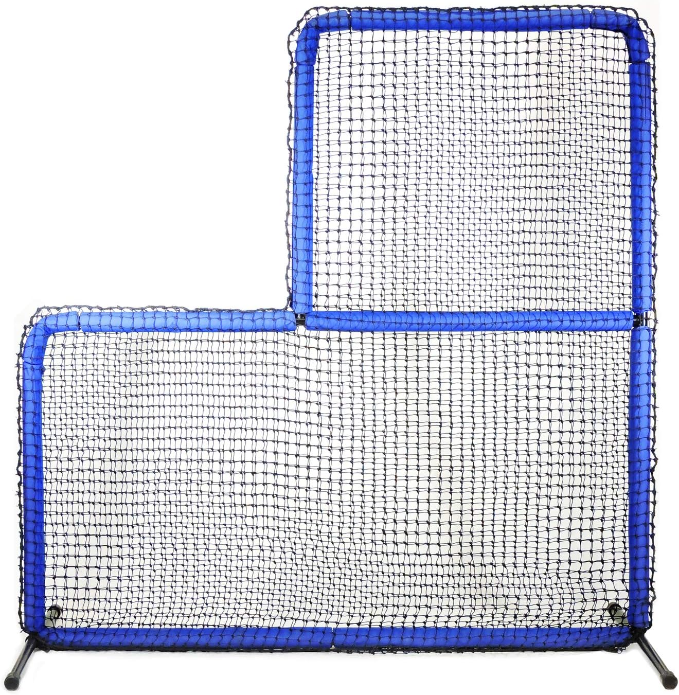 JUGS Protector Blue Series L-Shaped Pitchers Screen — Baseball Pitcher and Pitching Machine Protection, 7'H x 7'W with a 3' x 3' cutout, 60 Ply Poly-E Netting and 1.5' Diameter Frame, 1-Year Guarantee