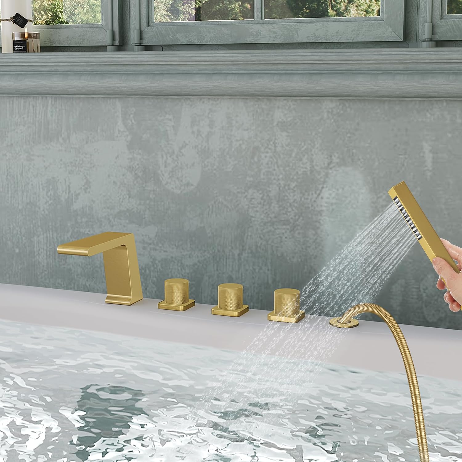 Bathtub Faucet Set with 3 Handle, Deck Mount 5 Hole Roman Waterfall Spout Bath Tub Faucet with Valve, Brushed Gold
