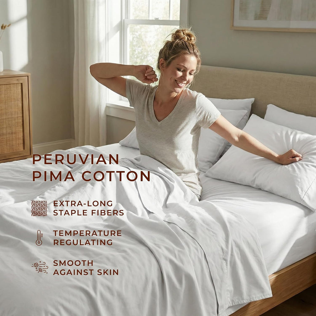 Peru Pima 415 Thread Count Percale Full Sheet Set - 100% Peruvian Pima Cotton, 4 Piece (Flat, Fitted, 2 Pillowcases) - Cooling, Crisp, Deep Pocket, Hotel Quality Bedding - White