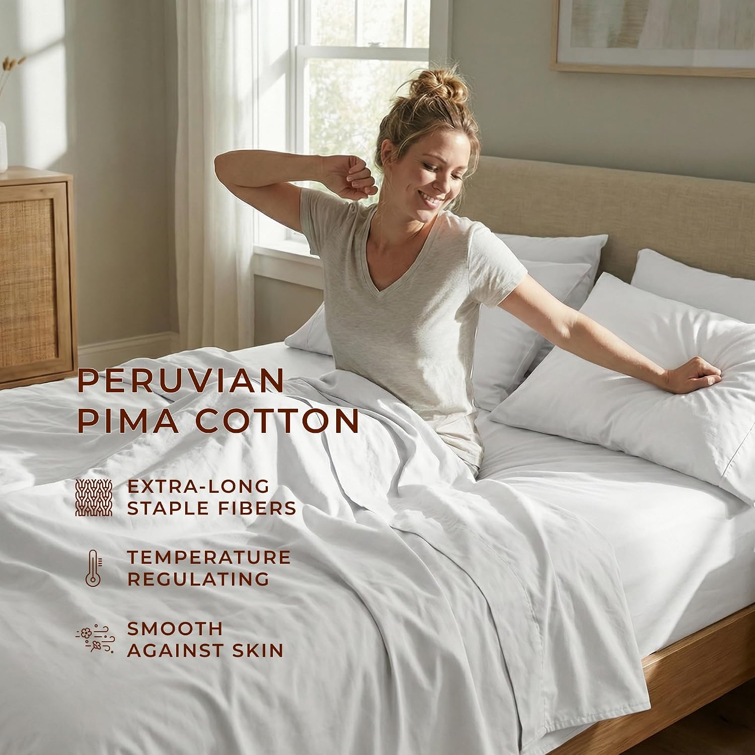 Peru Pima 415 Thread Count Percale California King Sheet Set - 100% Peruvian Pima Cotton, 4 Piece (Flat, Fitted, 2 Pillowcases) - Cooling, Crisp, Deep Pocket, Hotel Quality Bedding - White