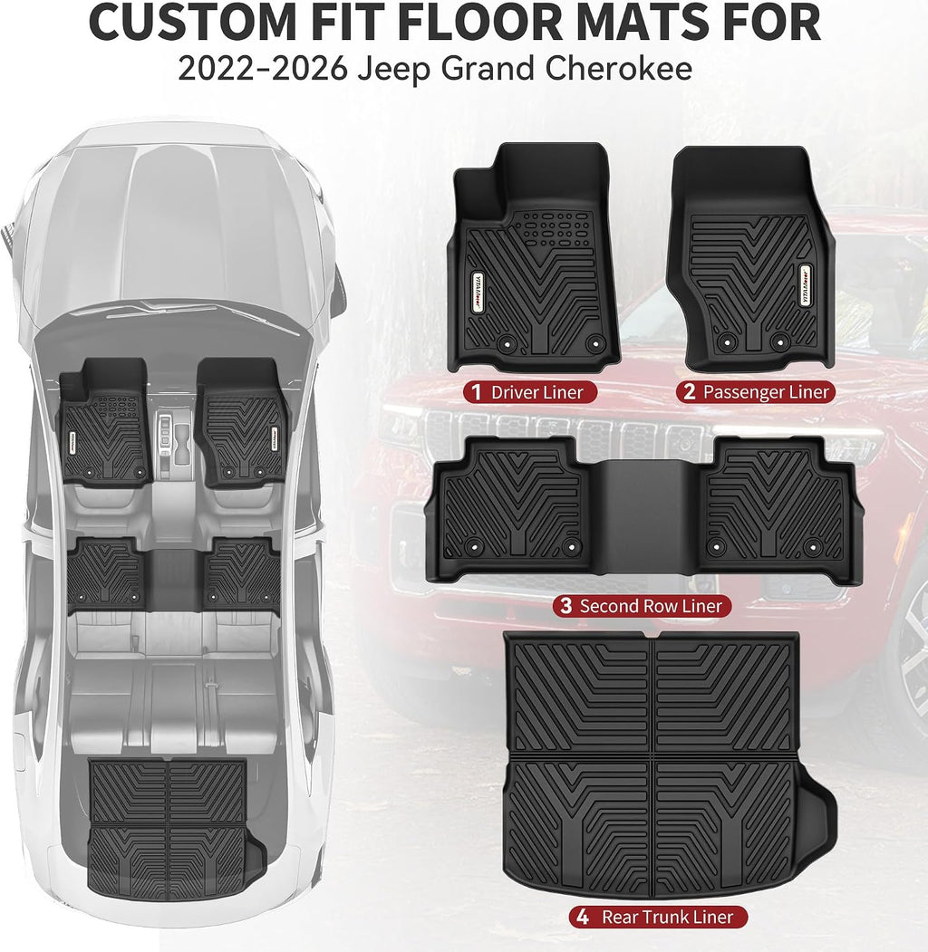 YITAMOTOR Floor Mats & Cargo Mats for Jeep Grand Cherokee 2022-2026 (Include 4xe NOT for L or WK), All Weather Custom Fit TPE Rubber Mat, Rugged Cherokee Accessories, Anti-Slip Floor Liners Set, Black