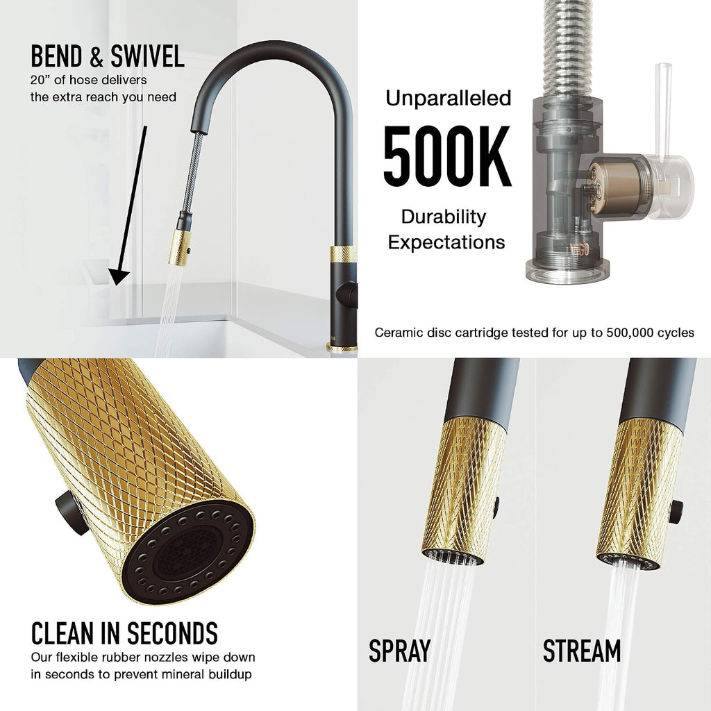 VIGO Bristol 19'' H Single Handle Pull-Down Sprayer Kitchen Faucet in Matte Brushed Gold and Matte Black-VG02033MGMB