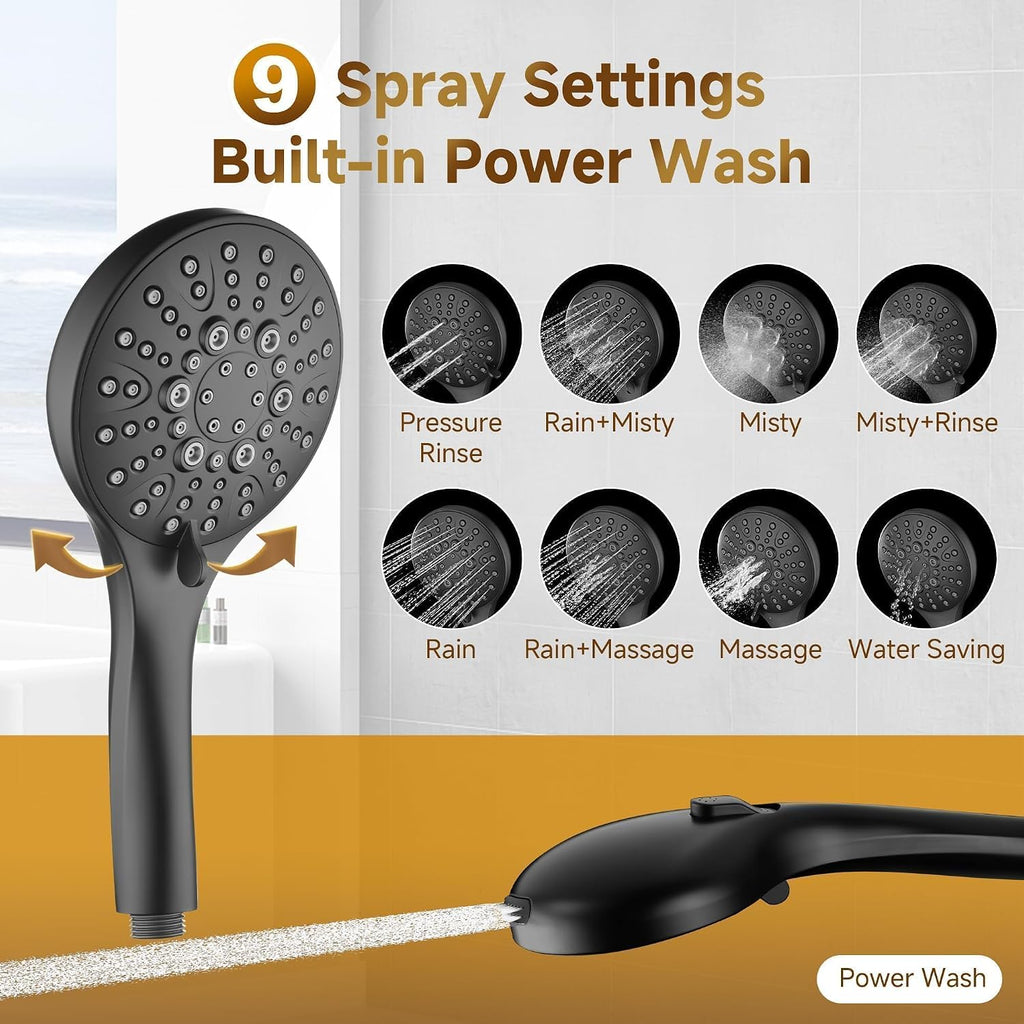 BRIGHT SHOWERS Rain Shower System Combo - 9 Inch Rainfall & Handheld Shower Heads with Power Wash, Solid Brass Rail, Height Adjustable Holder, 60 Inch Long Stainless Steel Hose, Matte Black