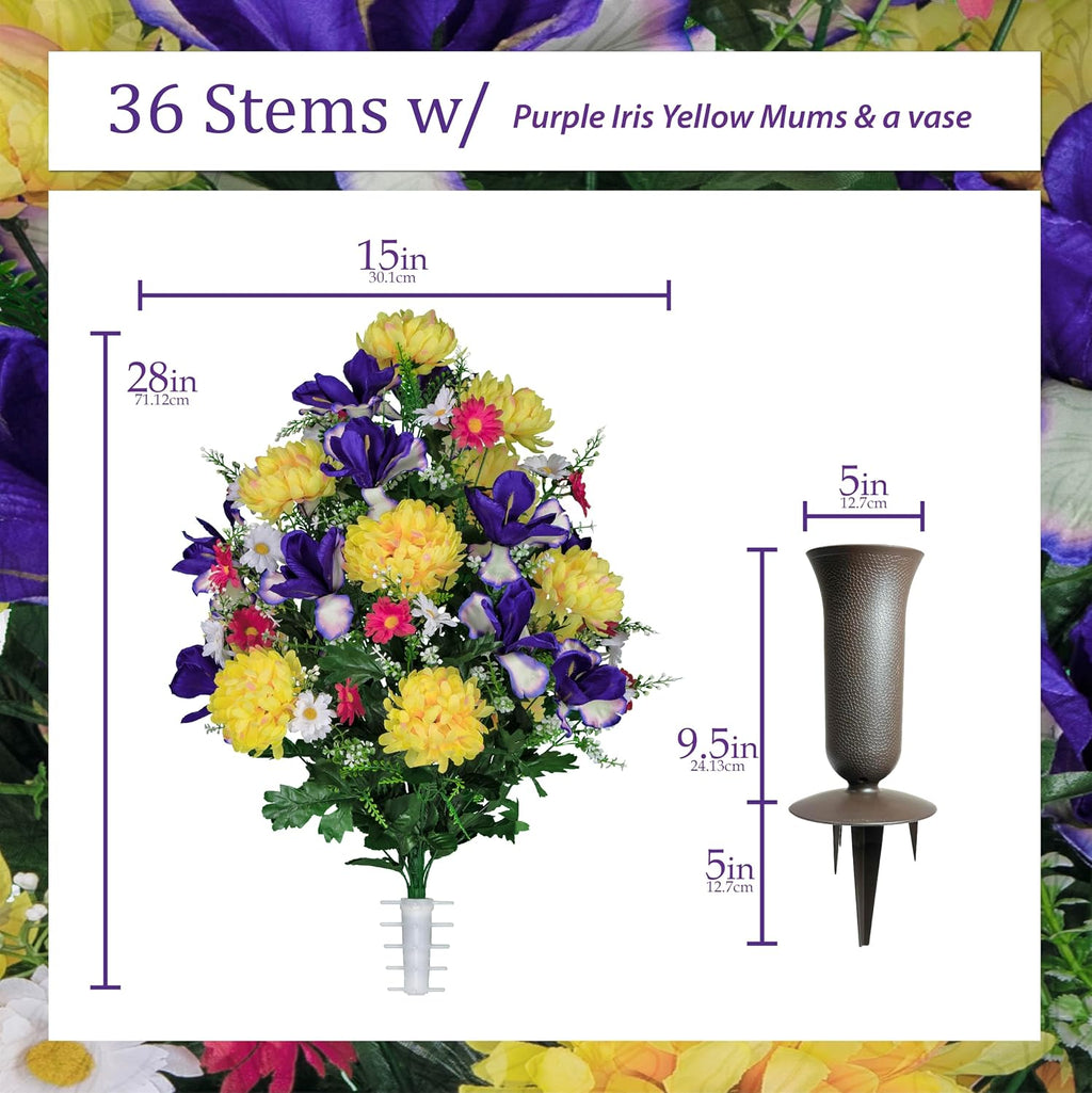 Sympathy Silks Artificial Cemetery Flowers -Grave vase - Purple Iris, Yellow Mum, Pink Daisy - (1) Headstone Flower Saddle & (1) Matching Bouquet with vase Included