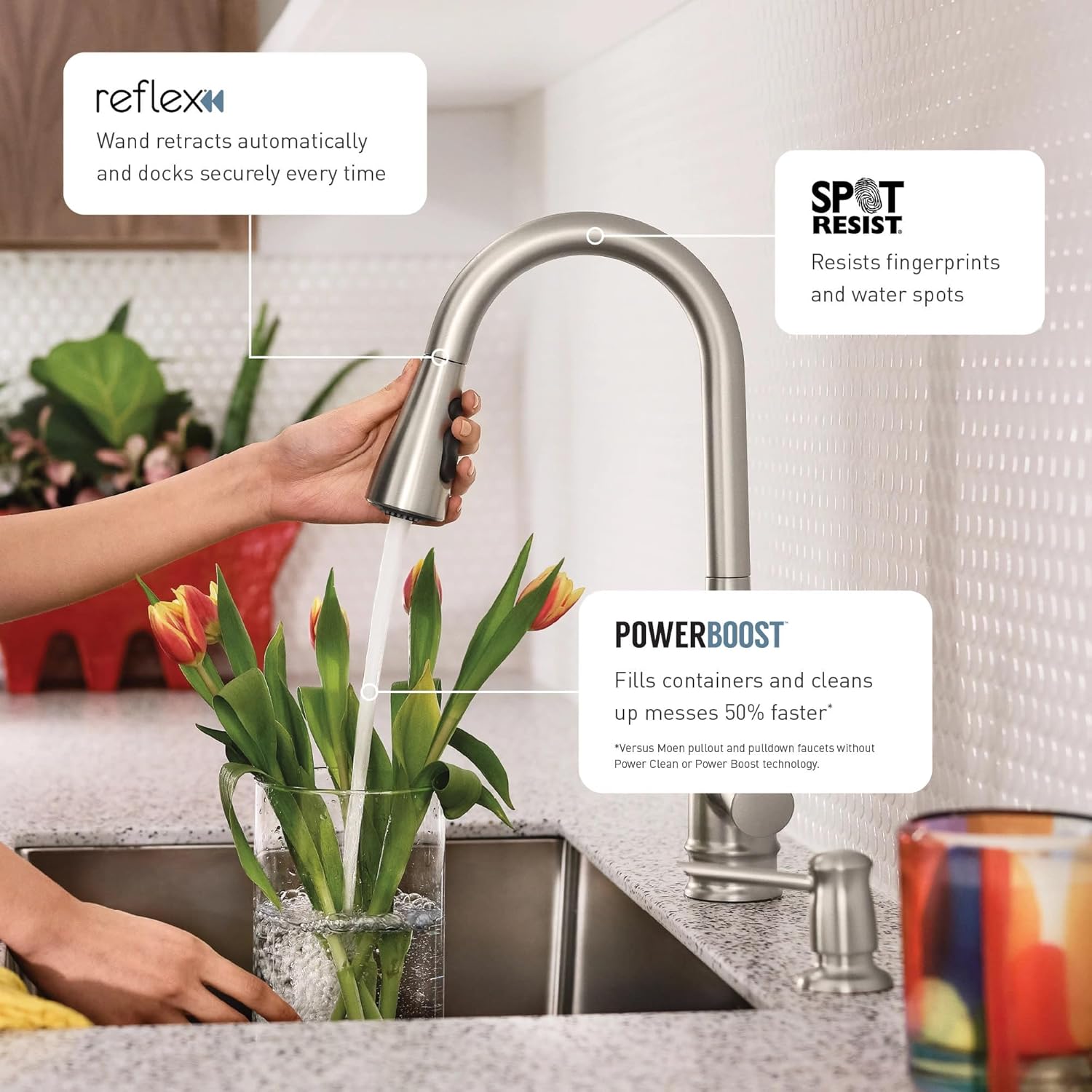 Moen Sleek Spot Resist Stainless One-Handle Single-Hole Pulldown Kitchen Faucet with PowerBoost Technology for Faster Water Flow, 7864SRS