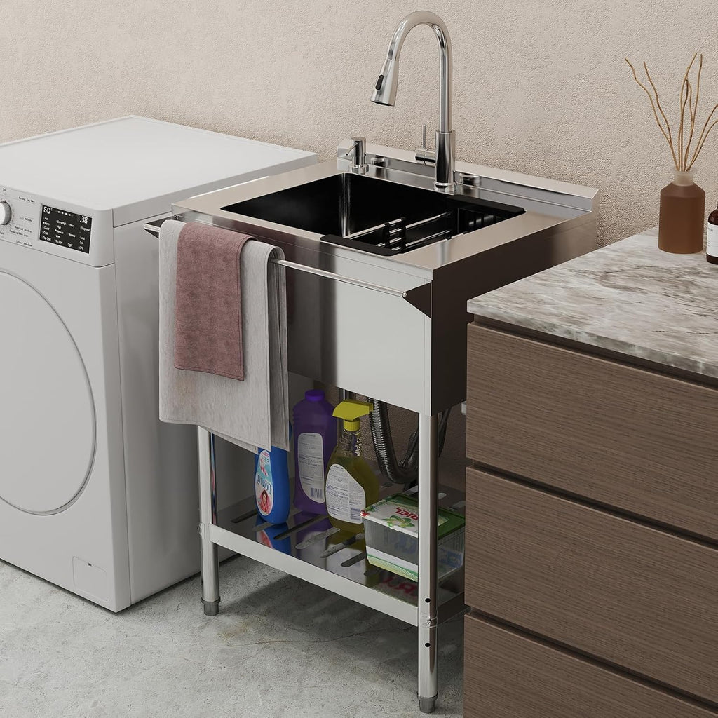 Stainless Steel Utility Sink, 25.6'' Free Standing Single Bowl Sink with Pull-Out Faucet & Cold and Hot Water Pipe & basket, Indoor and Outdoor Sink for Laundry Room, Garage, Kitchen, Silver