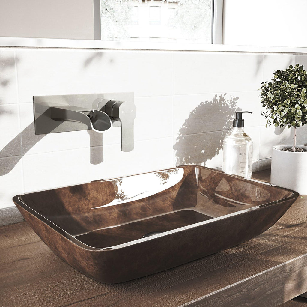 VIGO Cornelius Waterfall Single-Handle Two-Hole Wall Mount Bathroom Sink Faucet, Brushed Nickel, Modern Design, Solid Brass, 1.2 GPM WaterSense & Ceramic Disc Valve, Corrosion-Resistant - VG05004BN