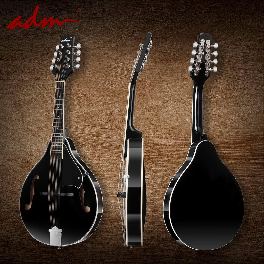 ADM Acoustic Mandolin Instrument Kit Music A Style for Kids Students Adults Wood Mandolins Beginner Set With Bag, Tuner, Pick-up, Strap, Strings, Picks and Hanger, Drak Black