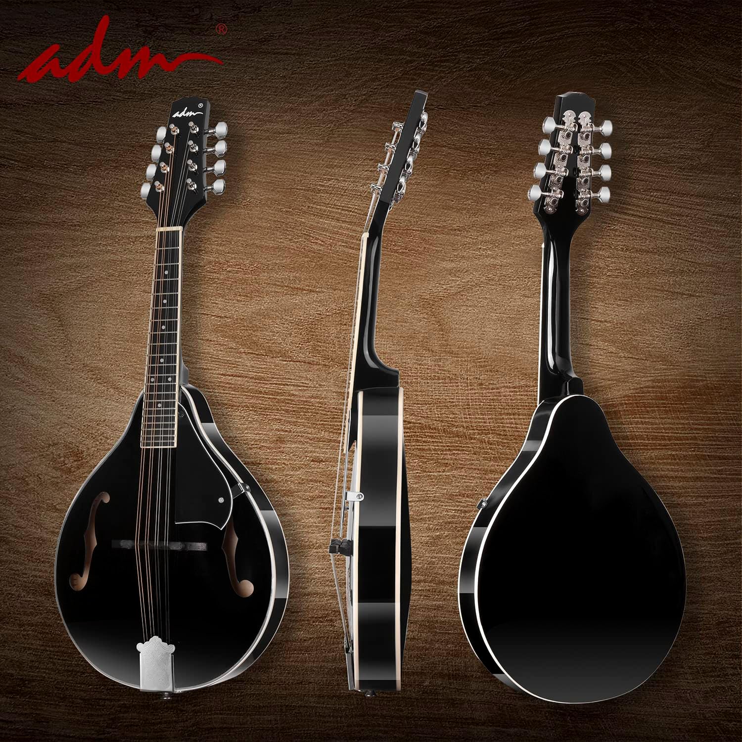 ADM Acoustic Mandolin Instrument Kit Music A Style for Kids Students Adults Wood Mandolins Beginner Set With Bag, Tuner, Pick-up, Strap, Strings, Picks and Hanger, Drak Black