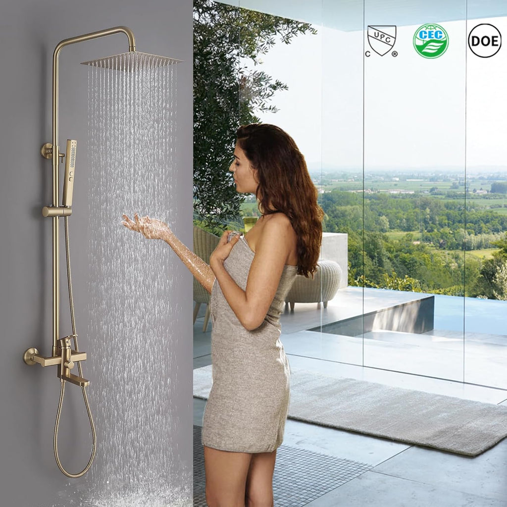 Exposed Shower System 10' Brushed Gold Rainfall Shower Head with 2 Modes Handheld and Tub Faucet Set, Square Shower Head 3 Functions Outdoor Shower Fixtures with Brass Valve, Height Adjustable