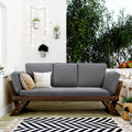Outdoor Adjustable Patio Wooden Daybed Sofa Chaise Lounge with Cushions for Small Places Porch Lawn Garden Backyard Poolside (Brown Finish+Gray Cushion-02)