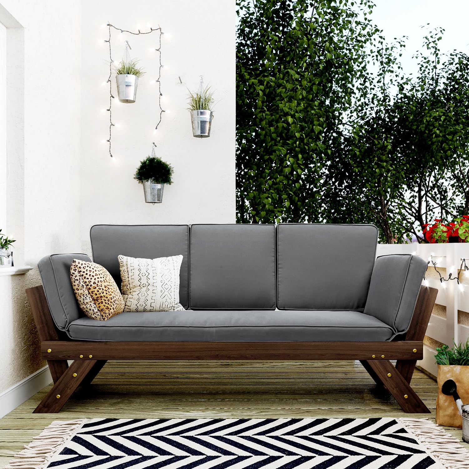 Outdoor Adjustable Patio Wooden Daybed Sofa Chaise Lounge with Cushions for Small Places Porch Lawn Garden Backyard Poolside (Brown Finish+Gray Cushion-02)