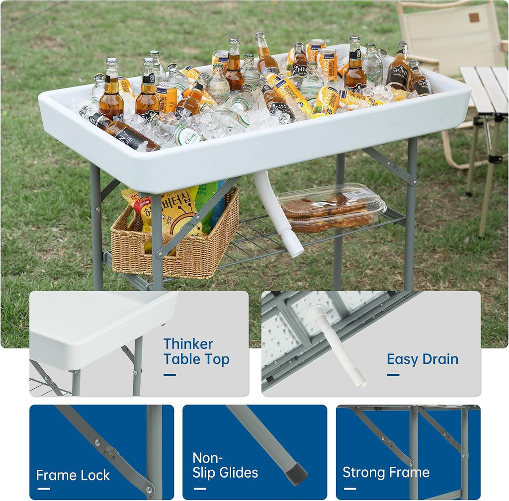 Outdoor Ice Cooler Folding Table, Portable Cooler Table with Removable Matching Skirt, Chill Table for Party BBQ Camping Wedding White