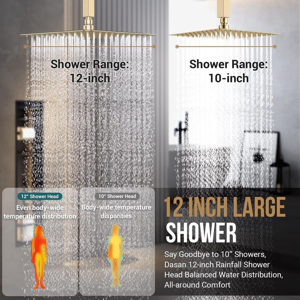 DASAN Full Body Shower System with 6 PCS Body Spray Jets & 12'' Rain Shower Head & Handheld, Ceiling Mount Rain Shower System Brushed Gold Shower Faucets Sets Complete with Valve, SA-SS03ABG-S12C
