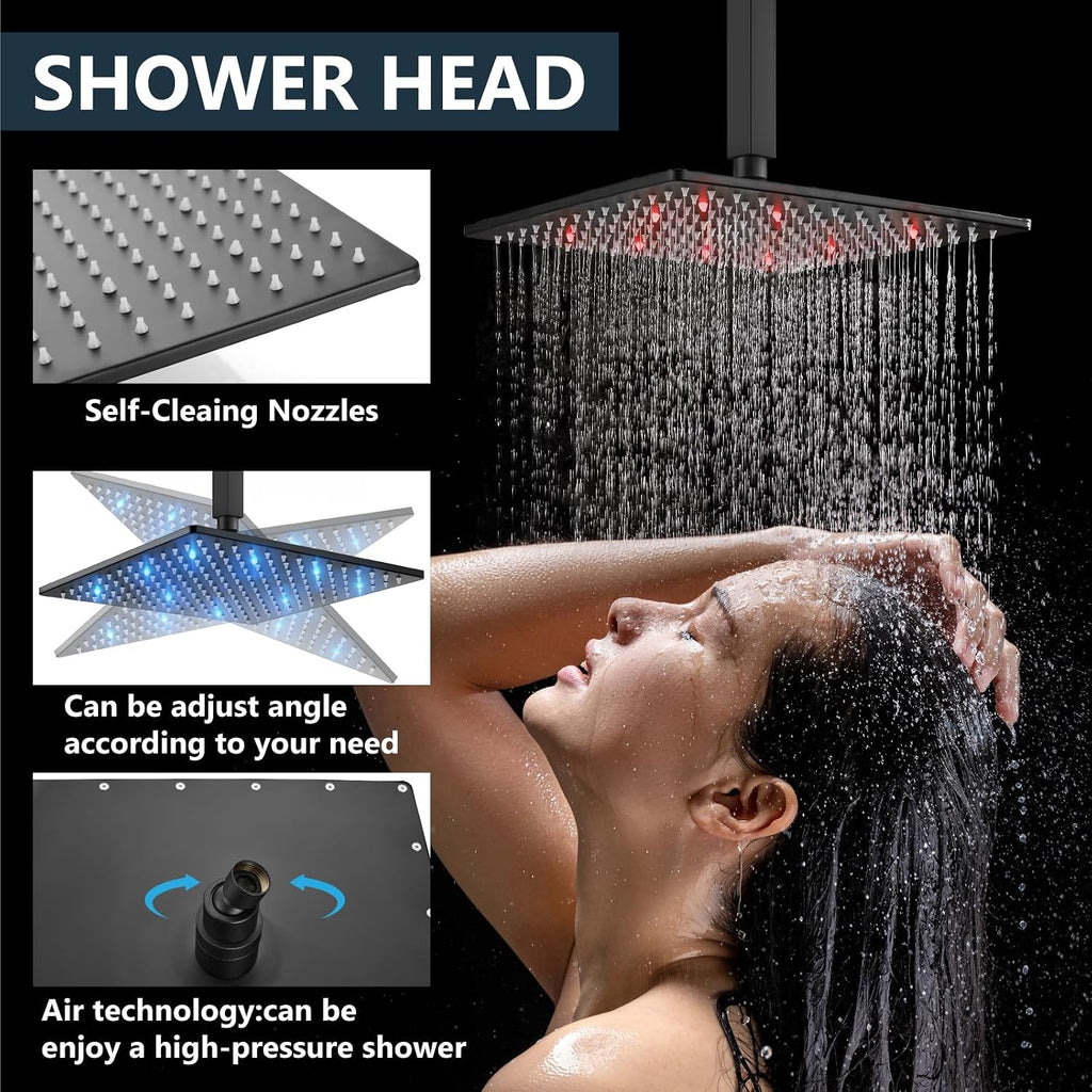 Aolemi Ceiling Mount Shower Faucet Set with Handheld Spray High Pressure Shower Faucets Sets Complete Rough-in Valve and Shower Trim Kit System Included Rainfall Matte Black 10 Inch LED Shower Head