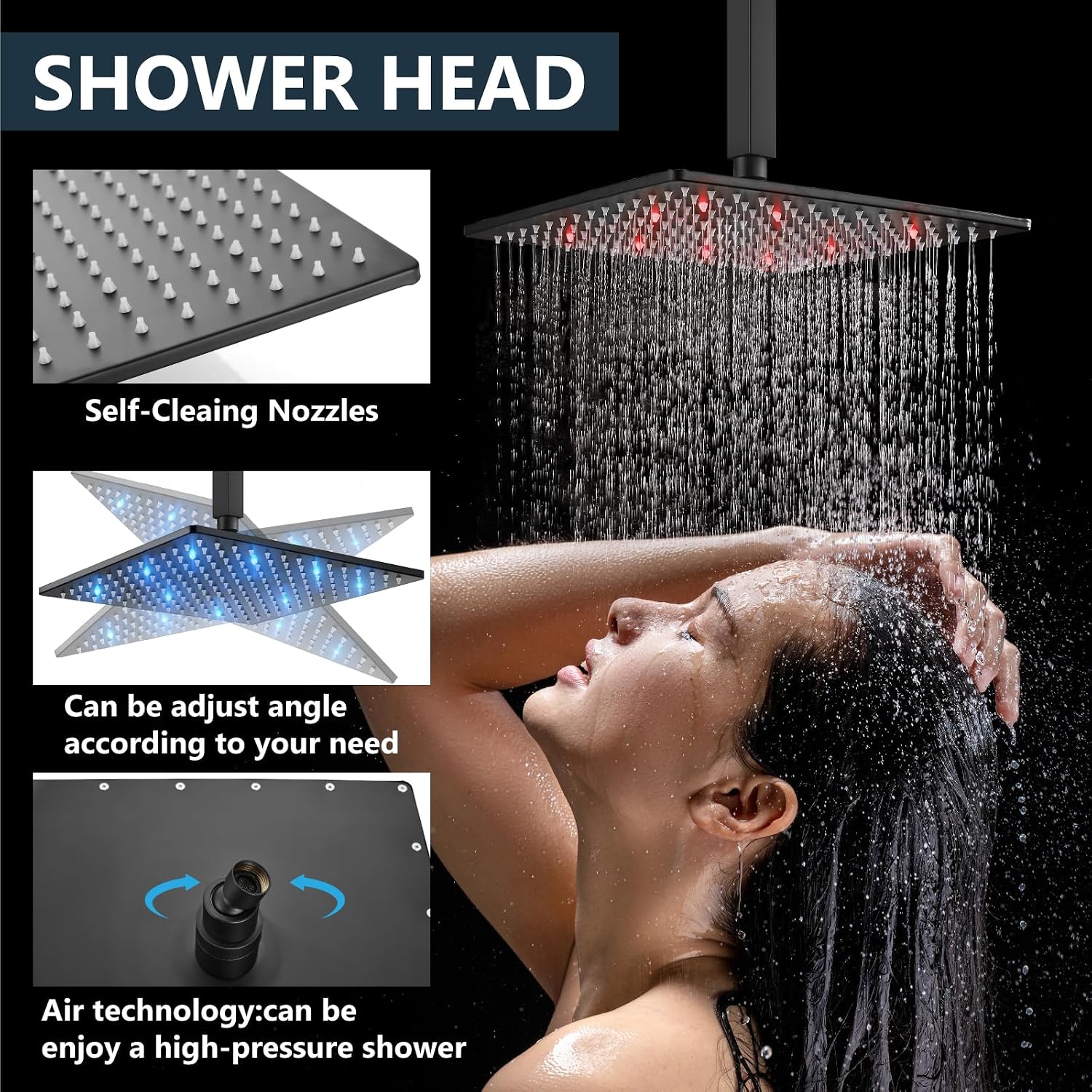 Aolemi Ceiling Mount Shower Faucet Set with Handheld Spray High Pressure Shower Faucets Sets Complete Rough-in Valve and Shower Trim Kit System Included Rainfall Matte Black 10 Inch LED Shower Head