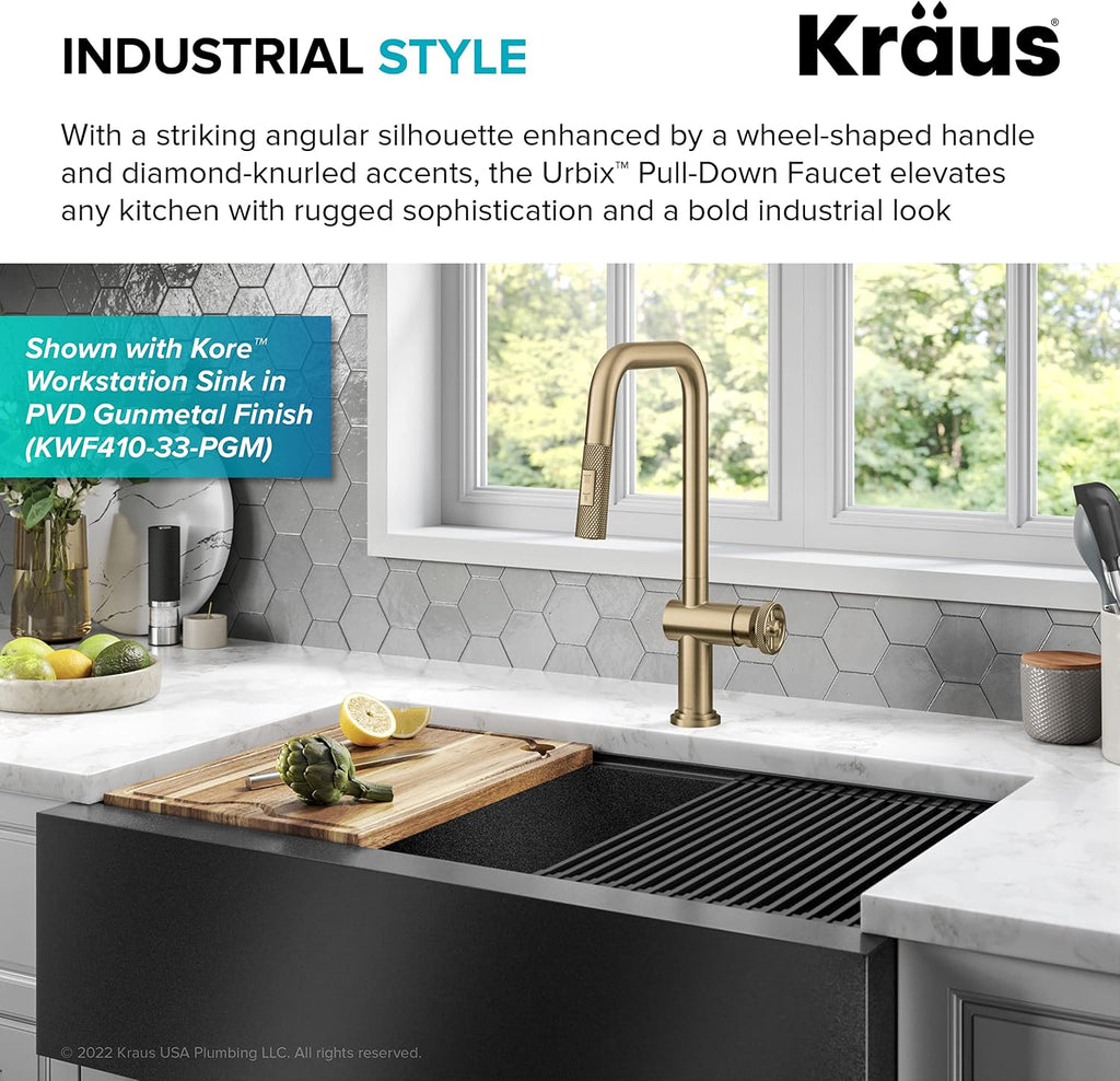 KRAUS Urbix Industrial Pull-Down Single Handle Kitchen Faucet in Brushed Gold, KPF-3126BG