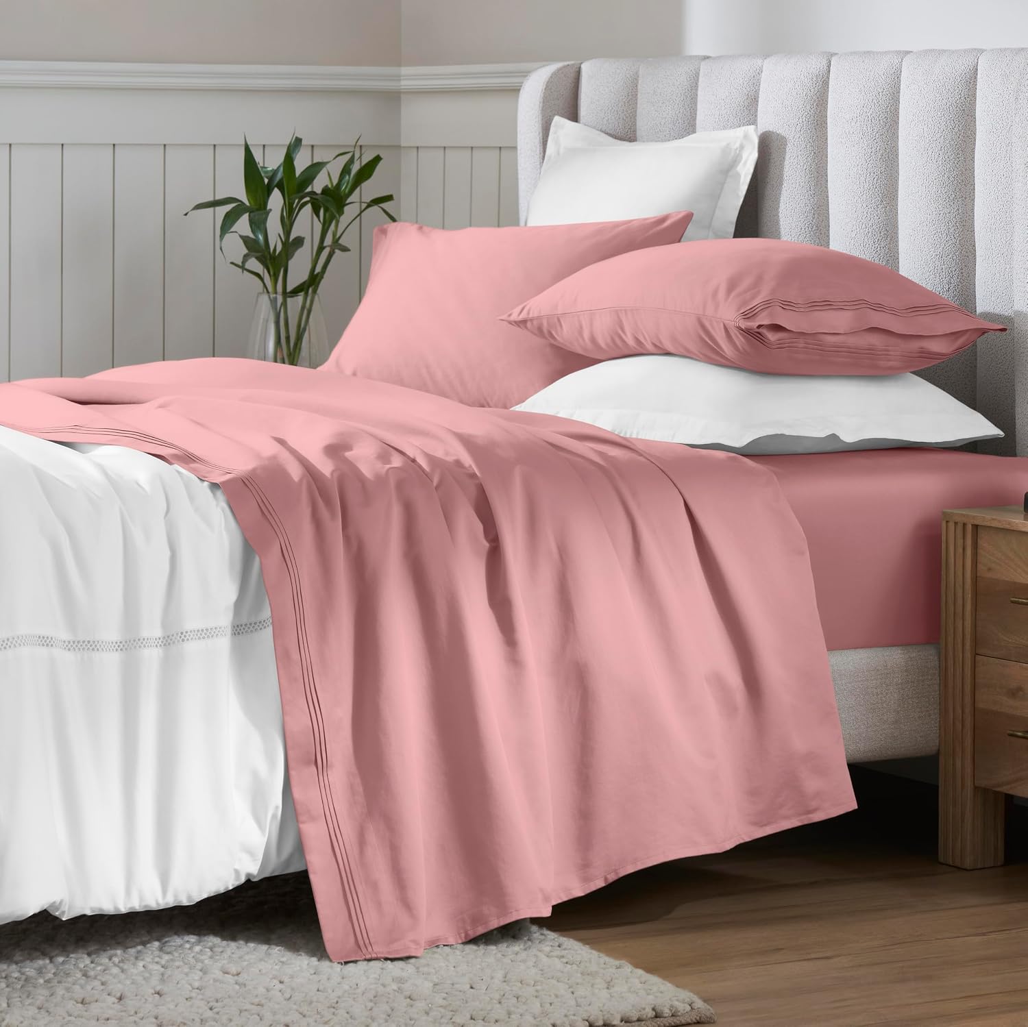 Superior Egyptian Cotton 4 Piece Sheet Set, 650 Thread Count, Eco-Friendly, Sustainable Sheets, Ultra-Soft Basics, Solid, Deep Pocket Fitted Sheet, Flat Sheet, Pillowcases, California King, Blush