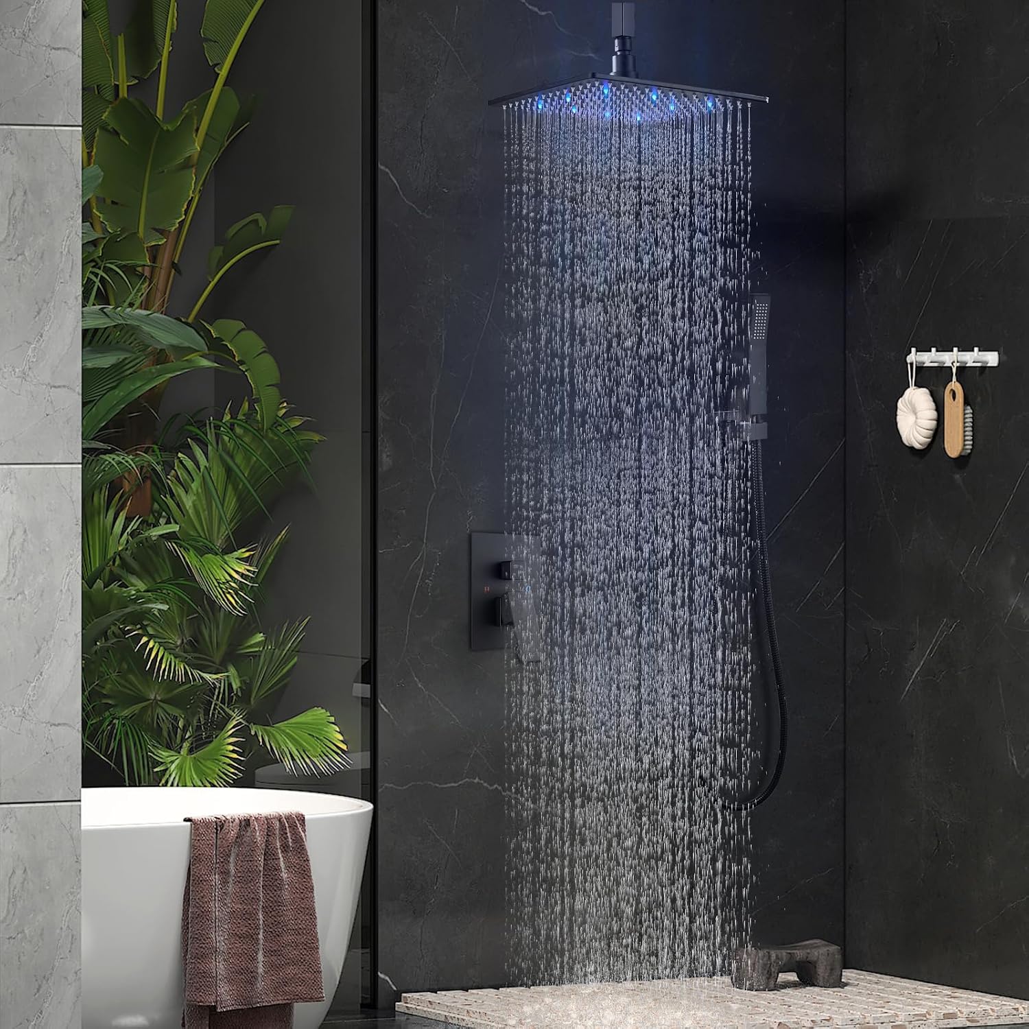 Aolemi Ceiling Mount Shower Faucet Set with Handheld Spray High Pressure Shower Faucets Sets Complete Rough-in Valve and Shower Trim Kit System Included Rainfall Matte Black 10 Inch LED Shower Head