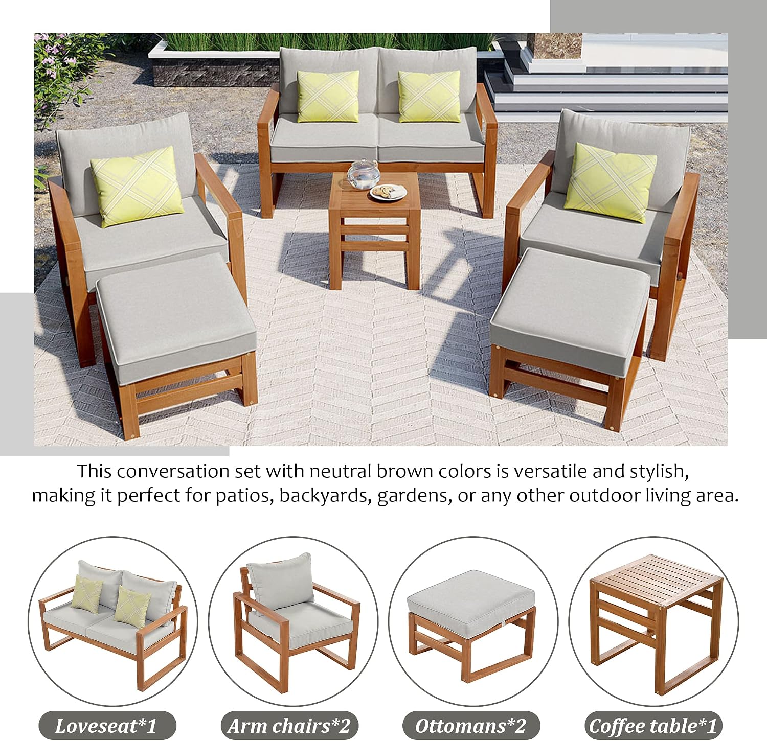 Outdoor Acacia Wood 6-Piece Conversation, Sectional Garden Seating Groups Chat Set, with Ottomans and Cushions, 4 Throw Pillows, for Balcony Backyard Porch (Grey-0H)
