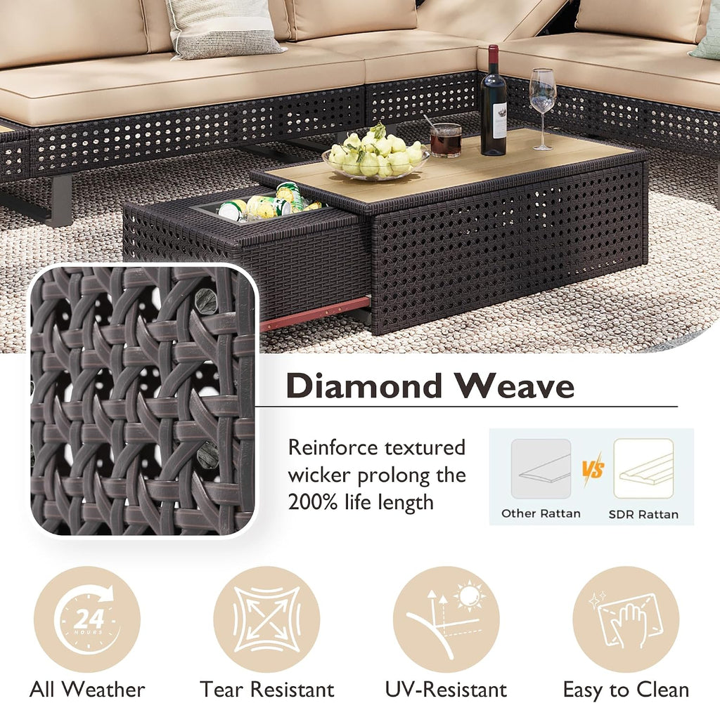 Boho Patio Furniture Set with Small Outdoor Table, Patio Bar Set w/Sillas para Balcon, Sillas para Patio Exterior, Adjustable Backrest, Ice Bucket Table, All-Weather Wicker (Khaki+Brown)