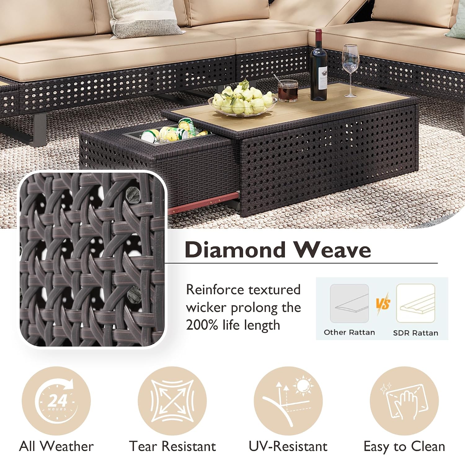 Boho Patio Furniture Set with Small Outdoor Table, Patio Bar Set w/Sillas para Balcon, Sillas para Patio Exterior, Adjustable Backrest, Ice Bucket Table, All-Weather Wicker (Khaki+Brown)