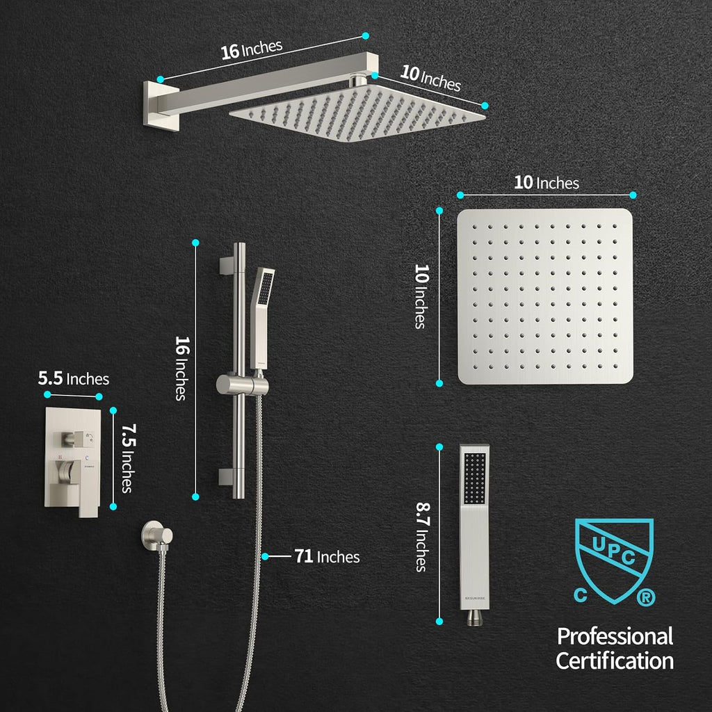 SR SUN RISE Shower System with 10' Rain Showerhead, Square Handheld Showerwith 16-Inch Slide Bar and 71-Inch Hose, Wall Mounted Shower Faucet Set Included Valve and Trim Kit, Brushed Nickel