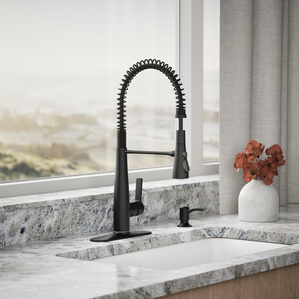 KOHLER K-REC22745-SD-BL Semi-Professional Kitchen Sink Faucets with Soap Dispenser, Commercial Kitchen Faucets with Pull Down Sprayer, Matte Black