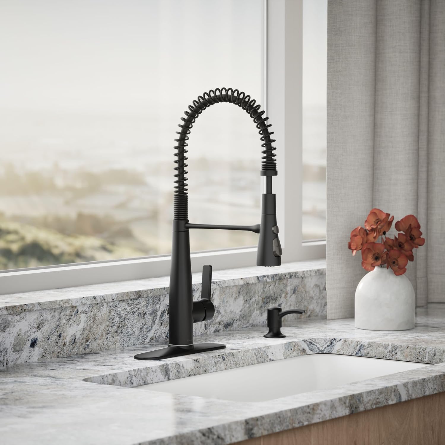 KOHLER K-REC22745-SD-BL Semi-Professional Kitchen Sink Faucets with Soap Dispenser, Commercial Kitchen Faucets with Pull Down Sprayer, Matte Black