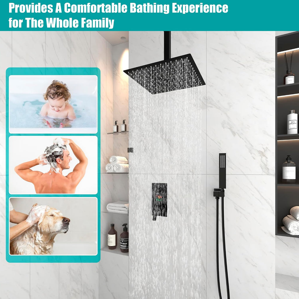 SKOWLL Shower Faucet Set Digital Display, 12 Inch Ceiling Mount Rainfall Shower Head with Handheld Combo, Matte Black Shower Head and Handle Set with Valve