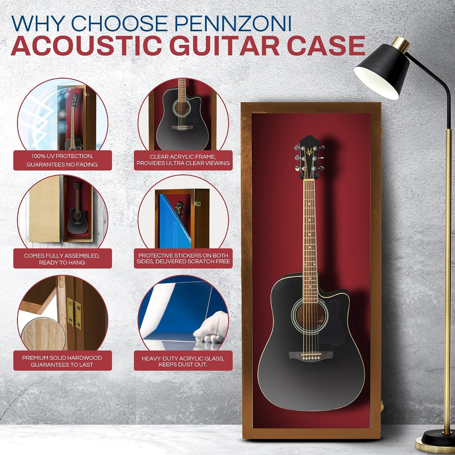PENNZONI Acoustic Guitar Display Case - Acrylic Acoustic Guitar Case - Guitar Display Case Wall Mount Made from Hardwood Frame & Clear Acrylic - Walnut w/Red Felt