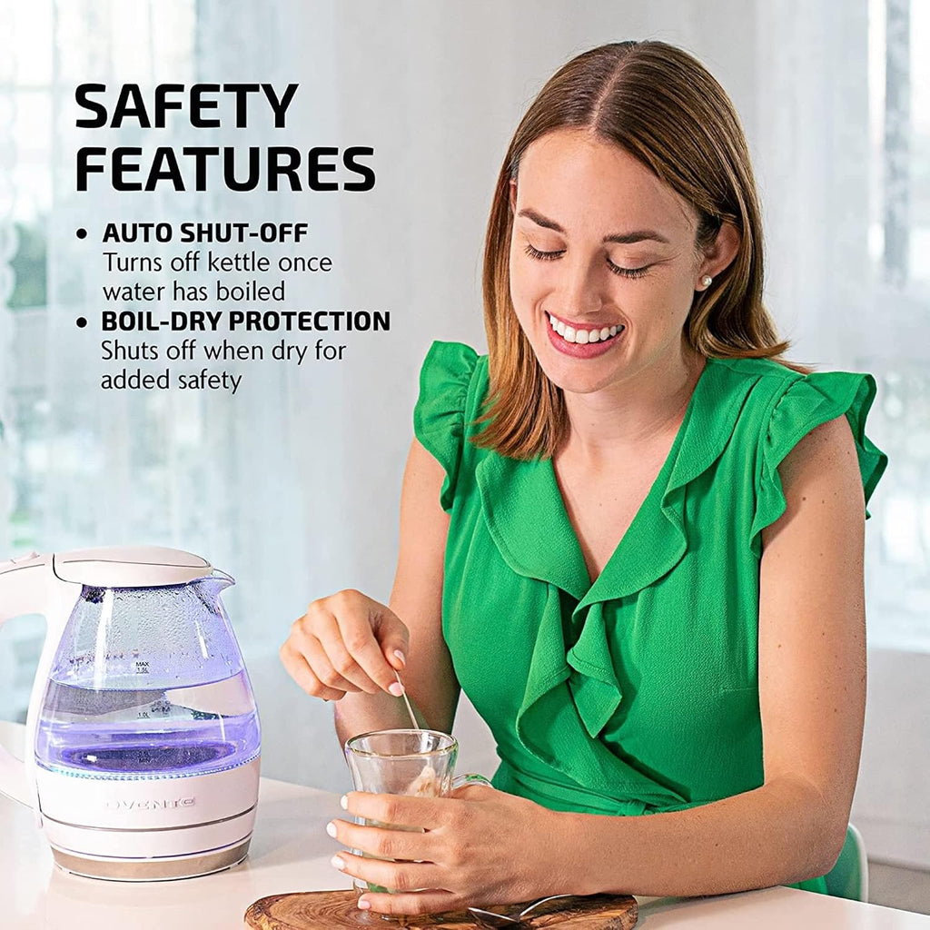 OVENTE Electric Kettle,1.5L Borosilicate Glass Countertop Water Heater & Boiler for Coffee or Tea,BPA-Free,Auto Shut-Off,Boil-Dry Protection,Removable & Washable Spout Filter,White KG83W,(Pack of 8)